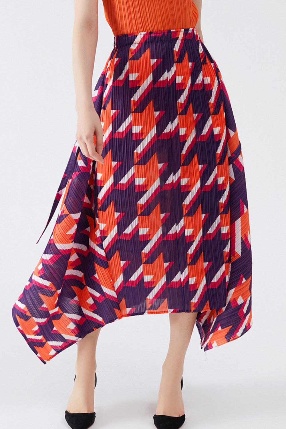 Houndstooth Accordion Pleated Handkerchief Hem Skirt - Random the Ghost