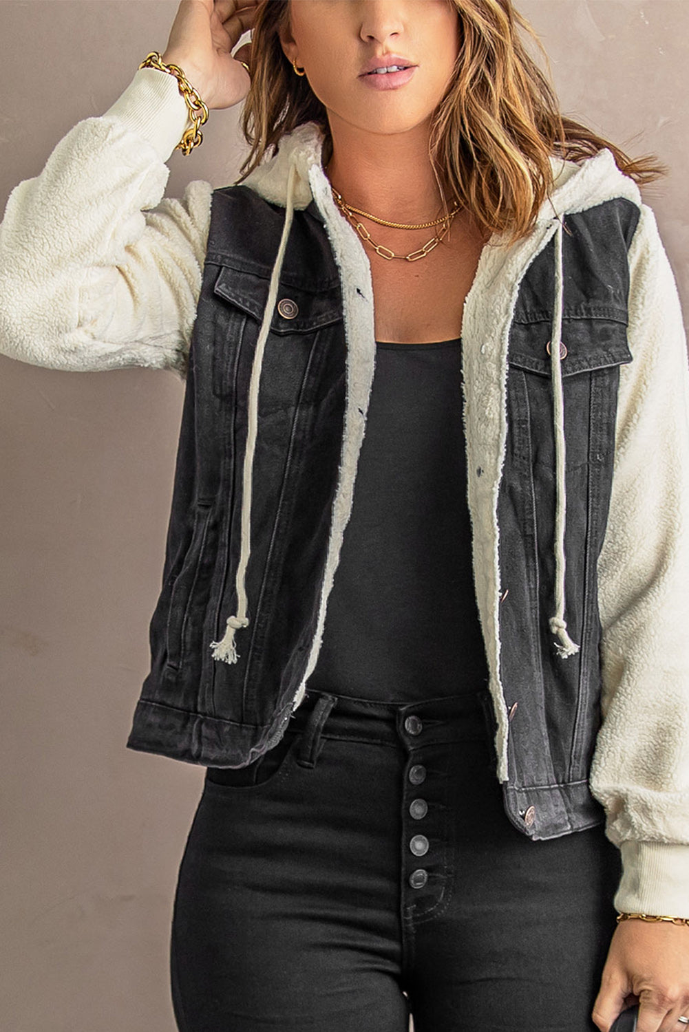 Two-Tone Spliced Denim Sherpa Hooded Jacket - Random the Ghost