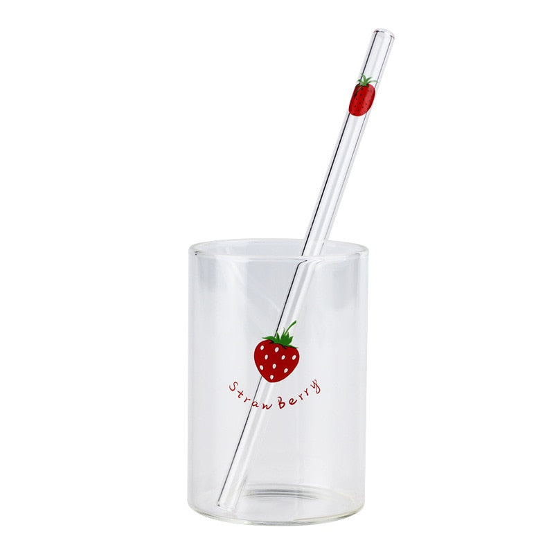 VIP LINK 2pc Cute Printing Straws Glass Cup Fruit Pattern Transparent Milk Water Cup Heat Resistant Coffee Tea Drinkware Cup - Random the Ghost