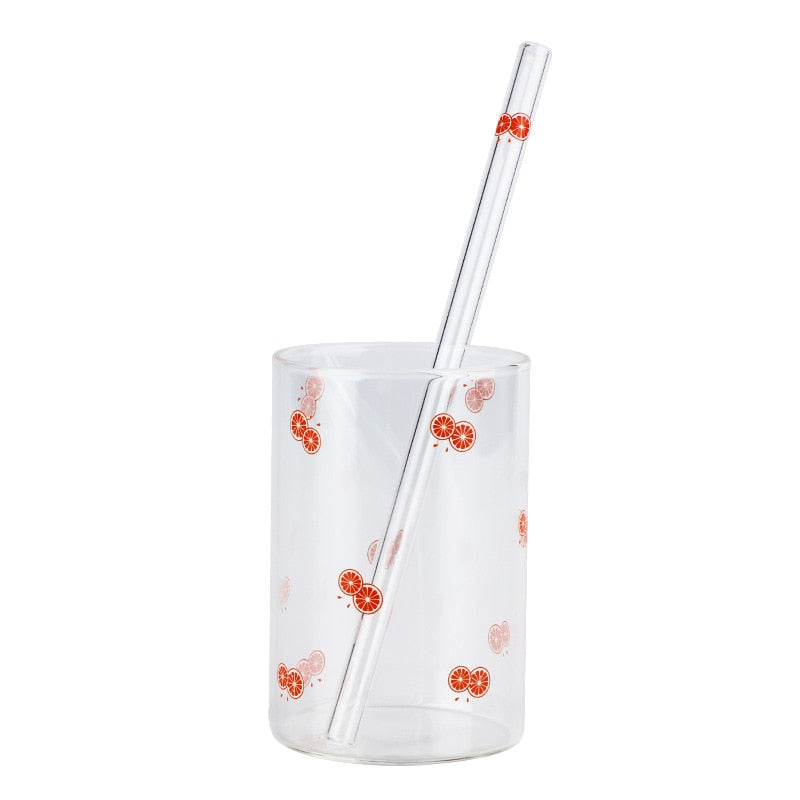 VIP LINK 2pc Cute Printing Straws Glass Cup Fruit Pattern Transparent Milk Water Cup Heat Resistant Coffee Tea Drinkware Cup - Random the Ghost