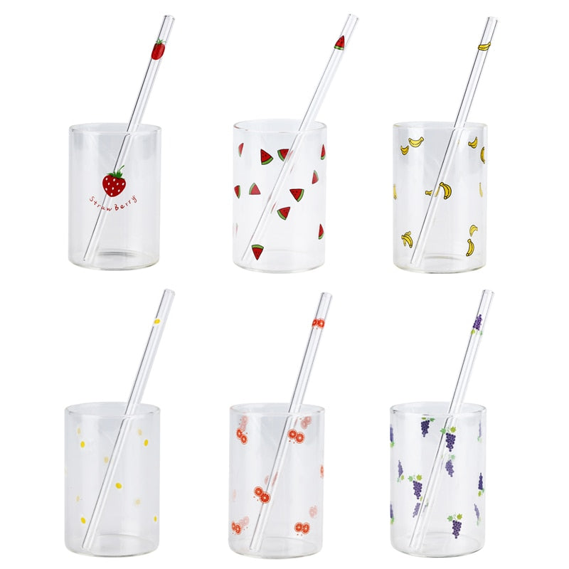 VIP LINK 2pc Cute Printing Straws Glass Cup Fruit Pattern Transparent Milk Water Cup Heat Resistant Coffee Tea Drinkware Cup - Random the Ghost