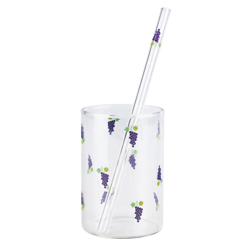 VIP LINK 2pc Cute Printing Straws Glass Cup Fruit Pattern Transparent Milk Water Cup Heat Resistant Coffee Tea Drinkware Cup - Random the Ghost