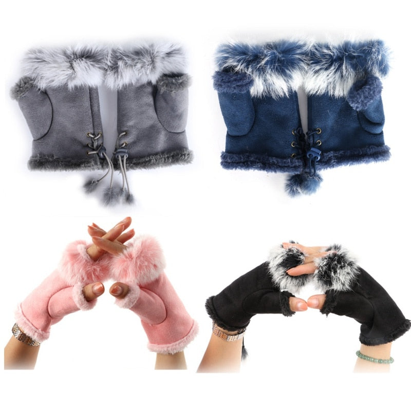 1 Pair Women Winter Warm Gloves Sexy Faux Rabbit Fur Hand Wrist Warmer Fingerless Gloves - Random the Ghost