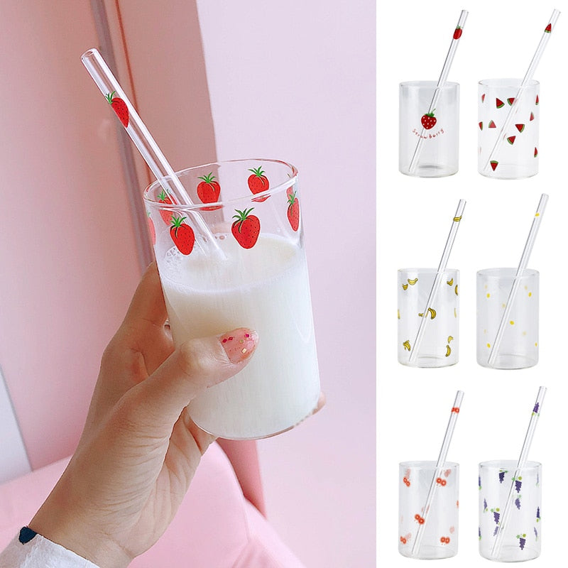 VIP LINK 2pc Cute Printing Straws Glass Cup Fruit Pattern Transparent Milk Water Cup Heat Resistant Coffee Tea Drinkware Cup - Random the Ghost