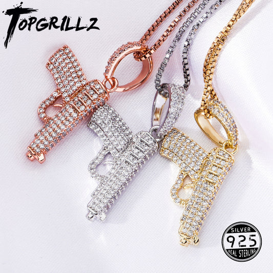 TOPGRILLZ Hip Hop Woman Pendant 925 Sterling Silver Glittering Pistol Pendant Iced Out Zircon Necklace Fashion Charm - Random the Ghost