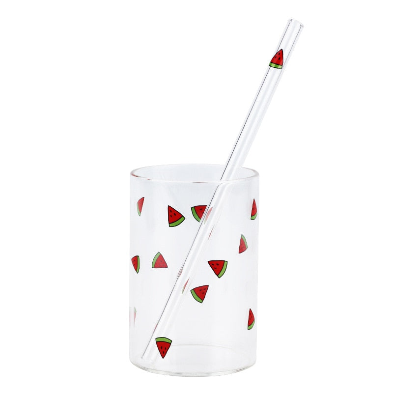 VIP LINK 2pc Cute Printing Straws Glass Cup Fruit Pattern Transparent Milk Water Cup Heat Resistant Coffee Tea Drinkware Cup - Random the Ghost