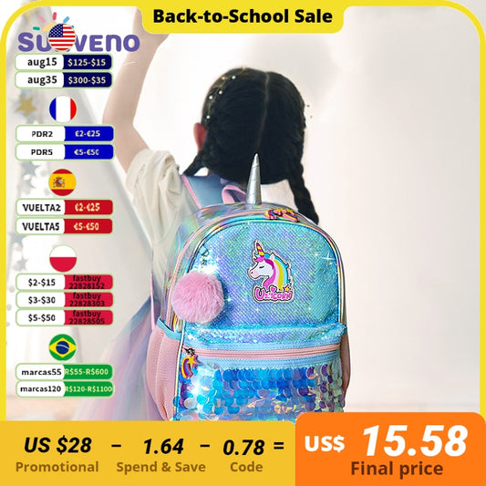 Sunveno Children&#39;s Backpack for Girls Pre-School Bag for Kindergarten Elementary - Reversible Sequin,Unicorn ,Lightweight Gift - Random the Ghost