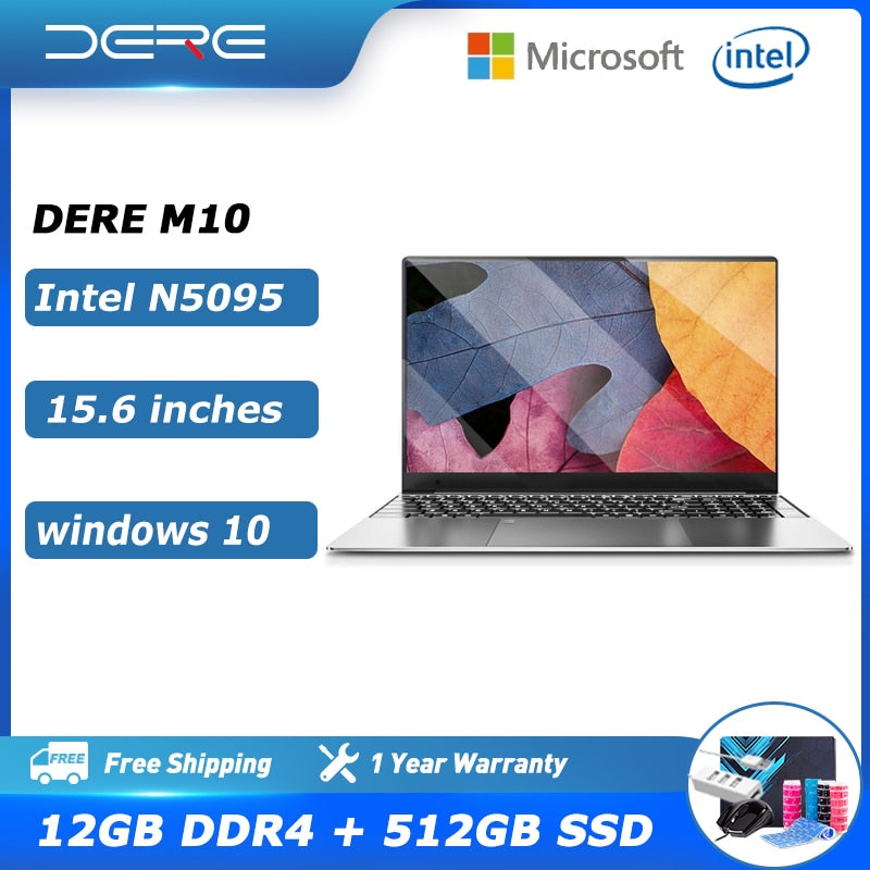 Dere Laptop MBook M10 15.6 inch Intel Celeron N5095 12G RAM 512GB SSD Dual Band WiFi Ultra Clear Pack Laptop Windows 10 Notebook - Random the Ghost