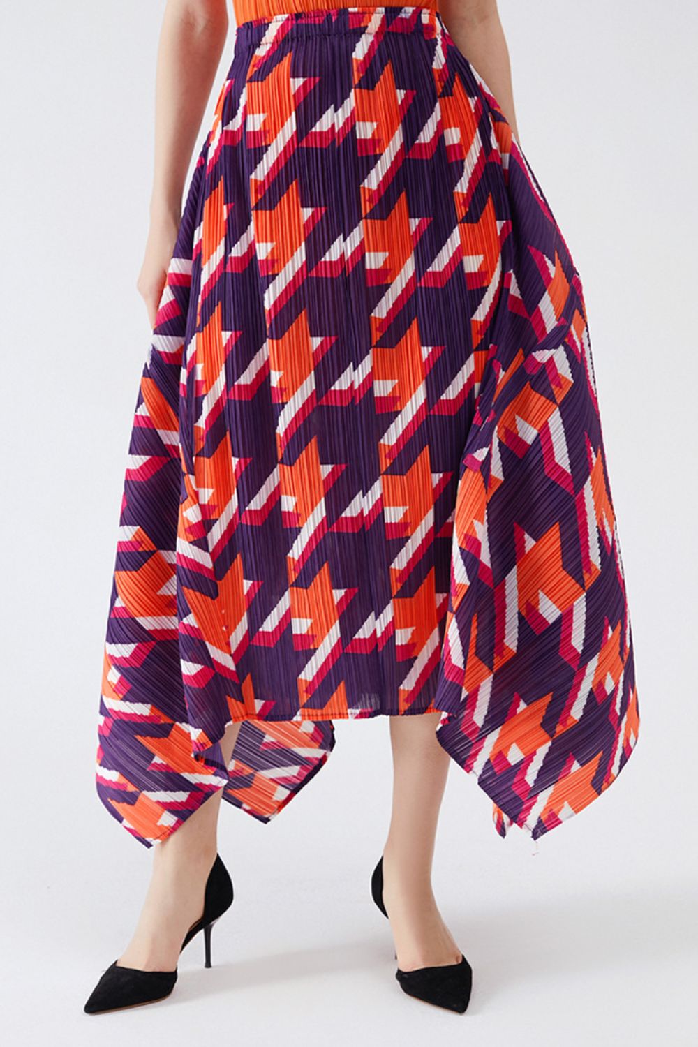 Houndstooth Accordion Pleated Handkerchief Hem Skirt - Random the Ghost